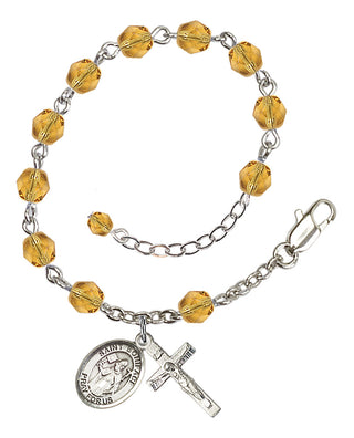 Silver-Plated 6mm Fire-Polished Saint Boniface Rosary Bracelet in Topaz Engraved Catholic Saint Jewelry