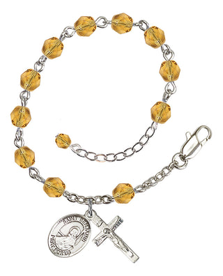 Silver-Plated 6mm Fire-Polished Saint Benjamin Rosary Bracelet in Topaz Engraved Catholic Saint Jewelry