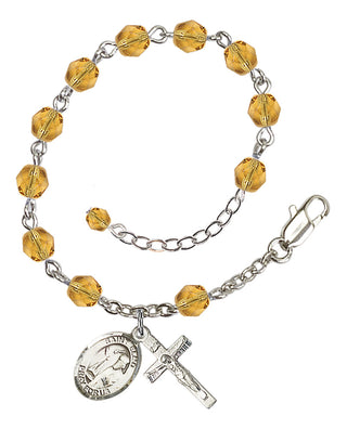 Silver-Plated 6mm Fire-Polished Saint Elmo Rosary Bracelet in Topaz Engraved Catholic Saint Jewelry