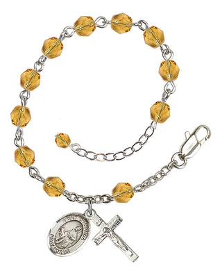 Silver-Plated 6mm Fire-Polished Saint Dymphna Rosary Bracelet in Topaz Engraved Catholic Saint Jewelry