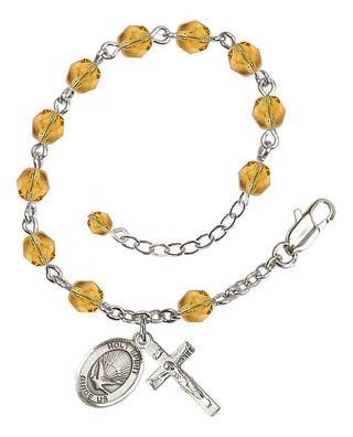 Silver-Plated 6mm Fire-Polished Holy Spirit Rosary Bracelet in Topaz Engraved Catholic Saint Jewelry