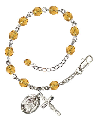 Silver-Plated 6mm Fire-Polished Saint Kevin Rosary Bracelet in Topaz Engraved Catholic Saint Jewelry