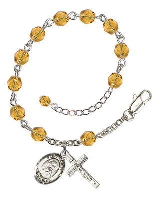 Silver-Plated 6mm Fire-Polished Saint Louise de Marillac Rosary Bracelet in Topaz Engraved Catholic Saint Jewelry