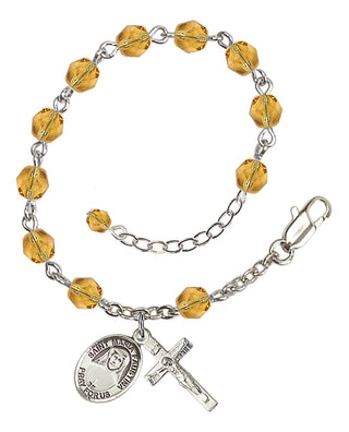 Silver-Plated 6mm Fire-Polished Saint Maria Faustina Rosary Bracelet in Topaz Engraved Catholic Saint Jewelry