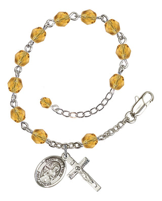 Silver-Plated 6mm Fire-Polished Saint Matthew the Apostle Rosary Bracelet in Topaz Engraved Catholic Saint Jewelry