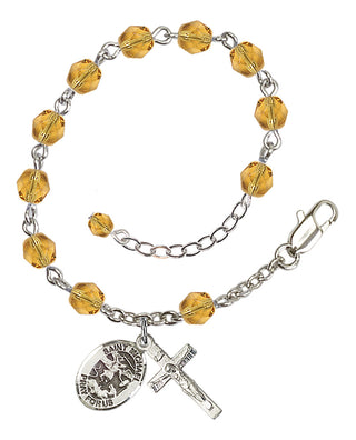 Silver-Plated 6mm Fire-Polished Saint Michael the Archangel Rosary Bracelet in Topaz Engraved Catholic Saint Jewelry