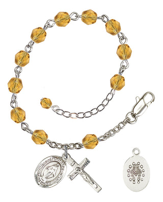 Silver-Plated 6mm Fire-Polished Miraculous Rosary Bracelet in Topaz Engraved Catholic Saint Jewelry