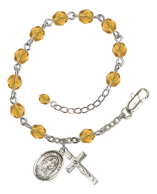 Silver-Plated 6mm Fire-Polished Saint Nicholas Rosary Bracelet in Topaz Engraved Catholic Saint Jewelry