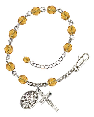 Silver-Plated 6mm Fire-Polished Our Lady of Providence Rosary Bracelet in Topaz Engraved Catholic Saint Jewelry