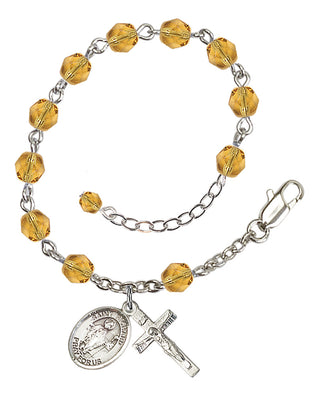 Silver-Plated 6mm Fire-Polished Saint Richard Rosary Bracelet in Topaz Engraved Catholic Saint Jewelry