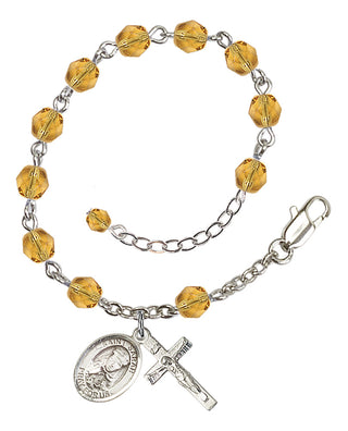 Silver-Plated 6mm Fire-Polished Saint Sarah Rosary Bracelet in Topaz Engraved Catholic Saint Jewelry