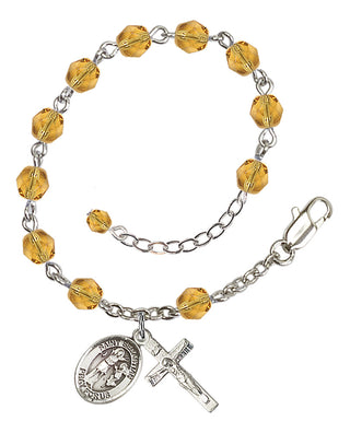 Silver-Plated 6mm Fire-Polished Saint Sebastian Rosary Bracelet in Topaz Engraved Catholic Saint Jewelry