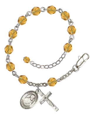 Silver-Plated 6mm Fire-Polished Saint Thomas the Apostle Rosary Bracelet in Topaz Engraved Catholic Saint Jewelry