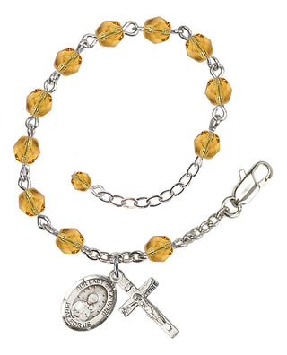 Silver-Plated 6mm Fire-Polished Our Lady of la Vang Rosary Bracelet in Topaz Engraved Catholic Saint Jewelry