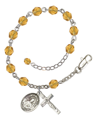 Silver-Plated 6mm Fire-Polished Saint Leo the Great Rosary Bracelet in Topaz Engraved Catholic Saint Jewelry