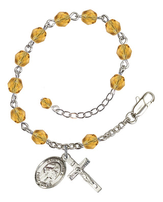 Silver-Plated 6mm Fire-Polished Saint Ursula Rosary Bracelet in Topaz Engraved Catholic Saint Jewelry