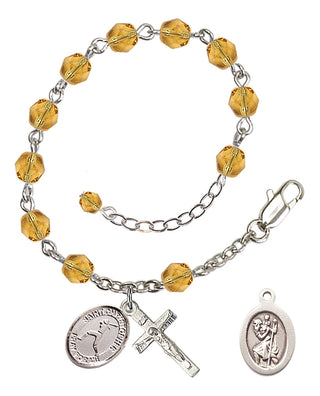 Adjustable Silver Plated 6mm Fire Polished Saint Christopher/Softball Rosary Bracelet in Topaz