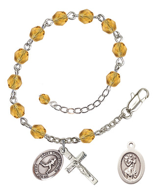 Silver-Plated 6mm Fire-Polished Saint Christopher/Track & Field Rosary Bracelet in Topaz Engraved Catholic Saint Jewelry
