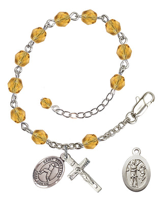 Adjustable Silver Plated 6mm Fire Polished Saint Sebastian/Baseball Rosary Bracelet in Topaz