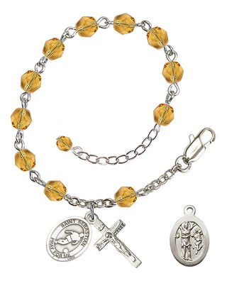 Adjustable Silver Plated 6mm Fire Polished Saint Sebastian/Soccer Rosary Bracelet in Topaz