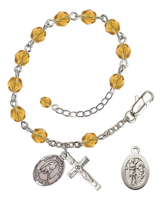 Adjustable Silver Plated 6mm Fire Polished Saint Sebastian/Ice Hockey Rosary Bracelet in Topaz