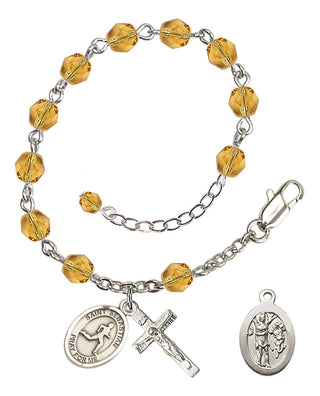 Adjustable Silver Plated 6mm Fire Polished Saint Sebastian/Track & Field Rosary Bracelet in Topaz