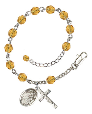 Silver-Plated 6mm Fire-Polished Saint Aloysius Gonzaga Rosary Bracelet in Topaz Engraved Catholic Saint Jewelry