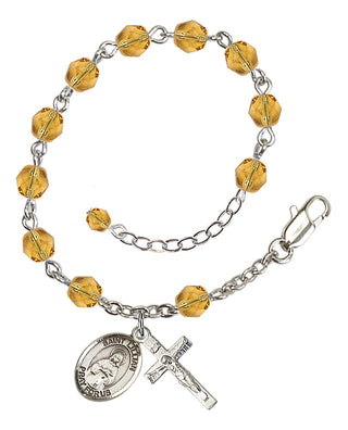 Silver-Plated 6mm Fire-Polished Saint Lillian Rosary Bracelet in Topaz Engraved Catholic Saint Jewelry