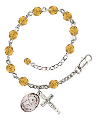 Silver-Plated 6mm Fire-Polished San Juan de la Cruz Rosary Bracelet in Topaz Engraved Catholic Saint Jewelry