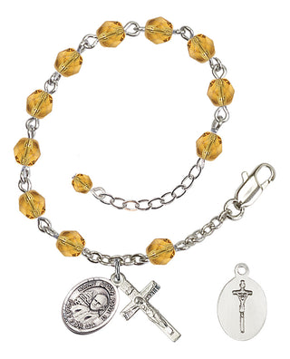 Adjustable Silver Plated 6mm Fire Polished Saint John Paul II Rosary Bracelet in Topaz