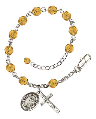 Silver-Plated 6mm Fire-Polished Footprints / Cross Rosary Bracelet in Topaz Engraved Catholic Saint Jewelry