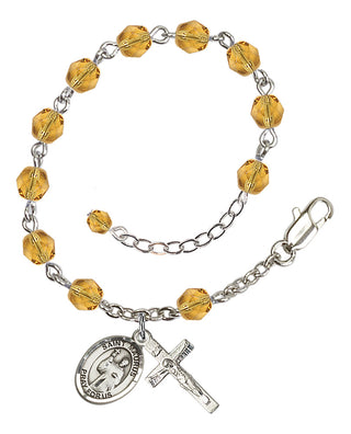 Silver-Plated 6mm Fire-Polished Saint Maurus Rosary Bracelet in Topaz Engraved Catholic Saint Jewelry