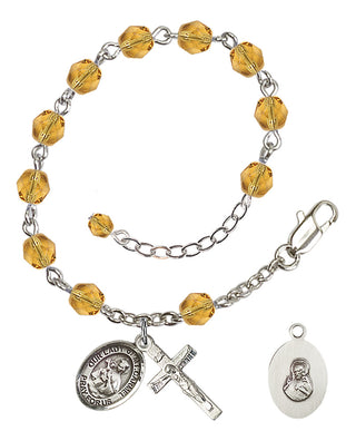 Adjustable Silver Plated 6mm Fire Polished Our Lady of Mount Carmel Rosary Bracelet in Topaz