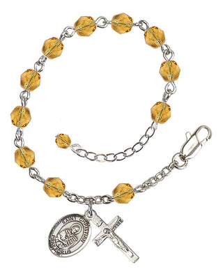 Silver-Plated 6mm Fire-Polished Saint Christian Demosthenes Rosary Bracelet in Topaz Engraved Catholic Saint Jewelry