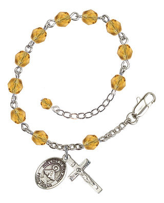 Silver-Plated 6mm Fire-Polished Our Lady of San Juan Rosary Bracelet in Topaz Engraved Catholic Saint Jewelry