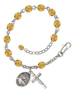 Silver-Plated 6mm Fire-Polished Our Lady of Good Counsel Rosary Bracelet in Topaz Engraved Catholic Saint Jewelry
