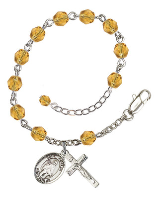 Silver-Plated 6mm Fire-Polished Saint Amelia Rosary Bracelet in Topaz Engraved Catholic Saint Jewelry