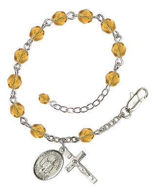 Silver-Plated 6mm Fire-Polished Saint Wolfgang Rosary Bracelet in Topaz Engraved Catholic Saint Jewelry