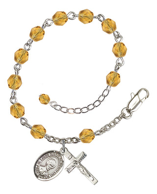 Silver-Plated 6mm Fire-Polished Saint Louis Marie de Montfort Rosary Bracelet in Topaz Engraved Catholic Saint Jewelry