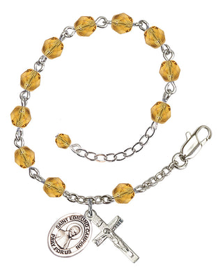Silver-Plated 6mm Fire-Polished Saint Edmund Campion Rosary Bracelet in Topaz Engraved Catholic Saint Jewelry