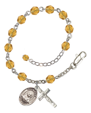 Silver-Plated 6mm Fire-Polished Saint Rafka Rosary Bracelet in Topaz Engraved Catholic Saint Jewelry