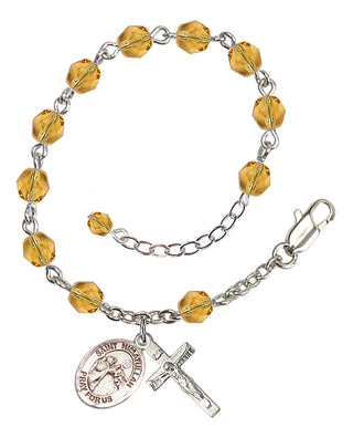 Silver-Plated 6mm Fire-Polished Saint Nimatullah Rosary Bracelet in Topaz Engraved Catholic Saint Jewelry