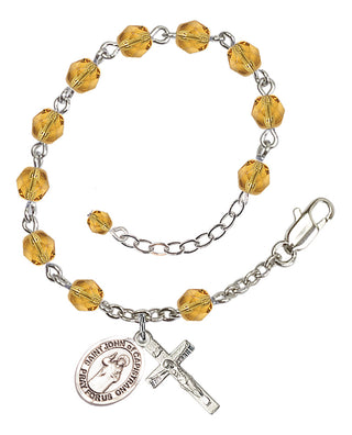 Silver-Plated 6mm Fire-Polished Saint John of Capistrano Rosary Bracelet in Topaz Engraved Catholic Saint Jewelry