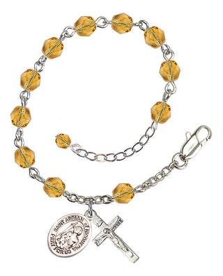 Silver-Plated 6mm Fire-Polished Saint Adrian of Nicomedia Rosary Bracelet in Topaz Engraved Catholic Saint Jewelry