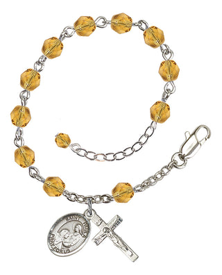 Silver-Plated 6mm Fire-Polished Saint Paula Rosary Bracelet in Topaz Engraved Catholic Saint Jewelry