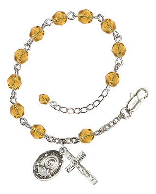 Silver-Plated 6mm Fire-Polished Saint Josemaria Escriva Rosary Bracelet in Topaz Engraved Catholic Saint Jewelry