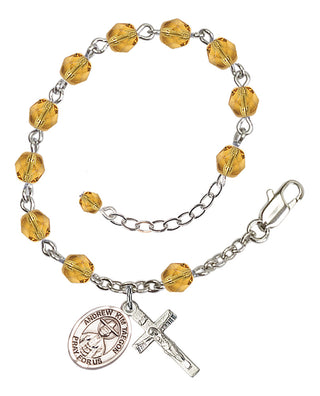 Silver-Plated 6mm Fire-Polished Saint Andrew Kim Taegon Rosary Bracelet in Topaz Engraved Catholic Saint Jewelry