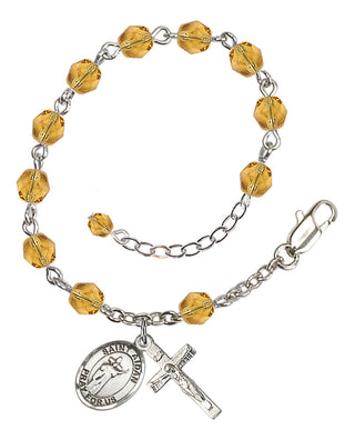 Silver-Plated 6mm Fire-Polished Saint Aidan of Lindesfarne Rosary Bracelet in Topaz Engraved Catholic Saint Jewelry