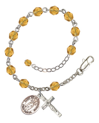 Silver-Plated 6mm Fire-Polished Saint Ivo of Kelmartin Rosary Bracelet in Topaz Engraved Catholic Saint Jewelry