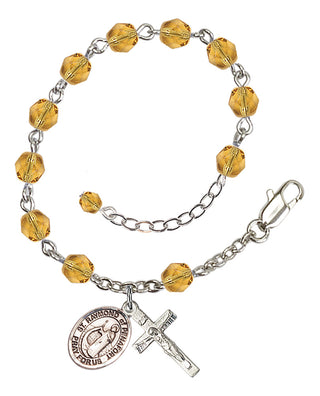 Silver-Plated 6mm Fire-Polished Saint Raymond of Penafort Rosary Bracelet in Topaz Engraved Catholic Saint Jewelry